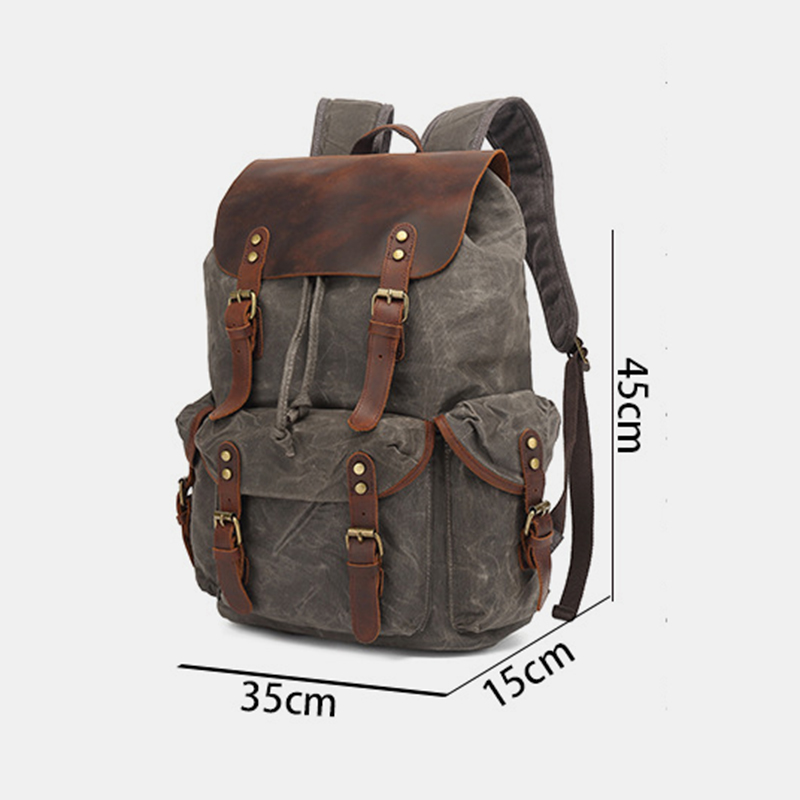 Men Oil Wax Canvas Casual Waterproof Multi-pocket Backpack Large Capacity 15.6 Inch Laptop Bag Shoulder Bag