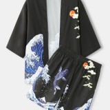 Mens Kimono Waves & Cap Pattern Japanese Elastic Waist Two Piece Outfits