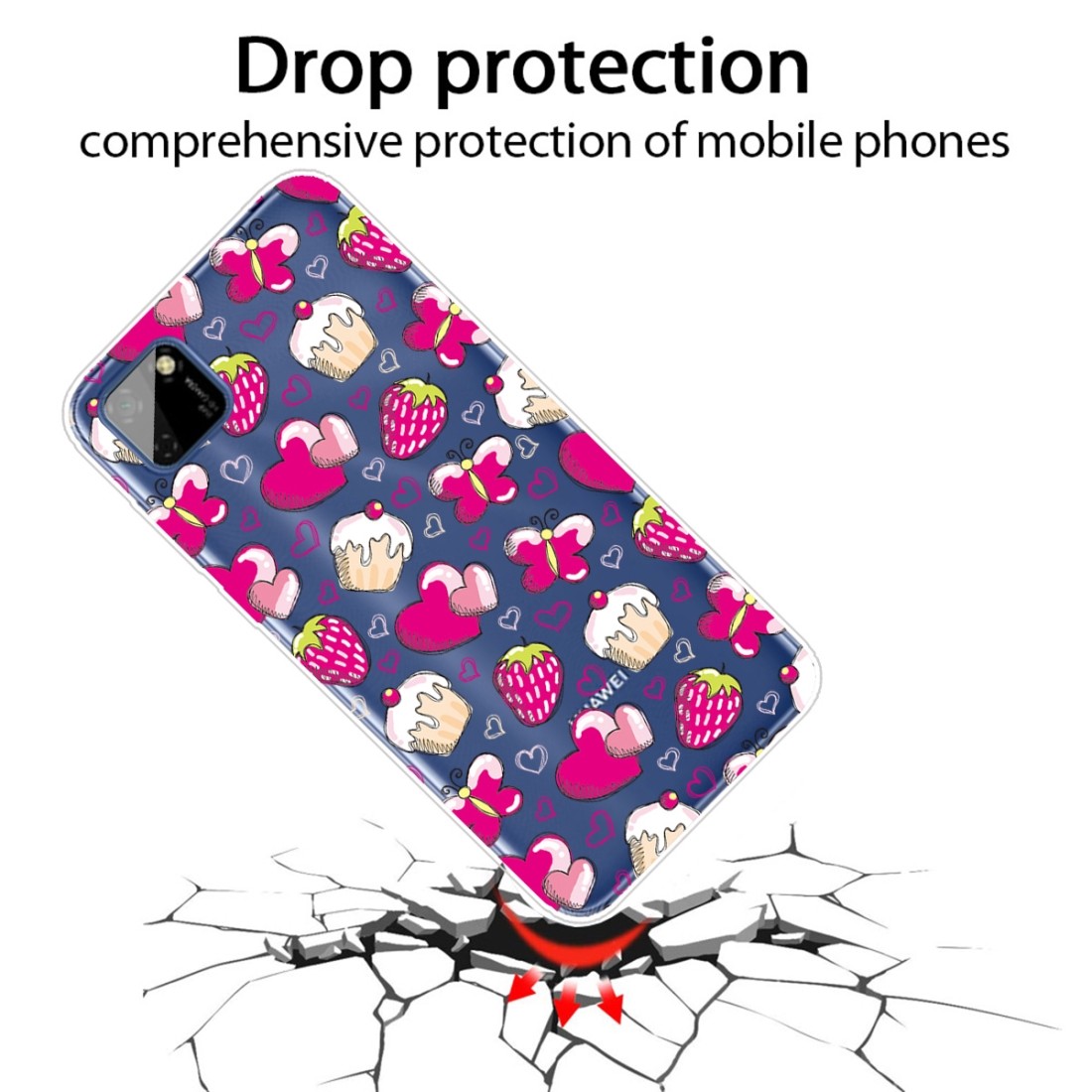 For Huawei Y5p (2020) Coloured Drawing Pattern Highly Transparent TPU Protective Case (Strawberry Cake)