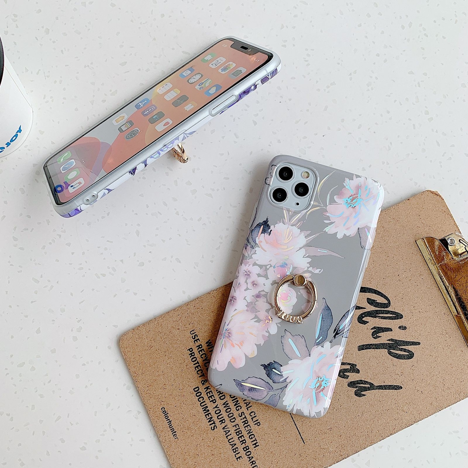 For iPhone 12 mini Laser Flowers Pattern TPU Protective Case with Ring Holder (Grey Background Watercolor Pink Flowers)