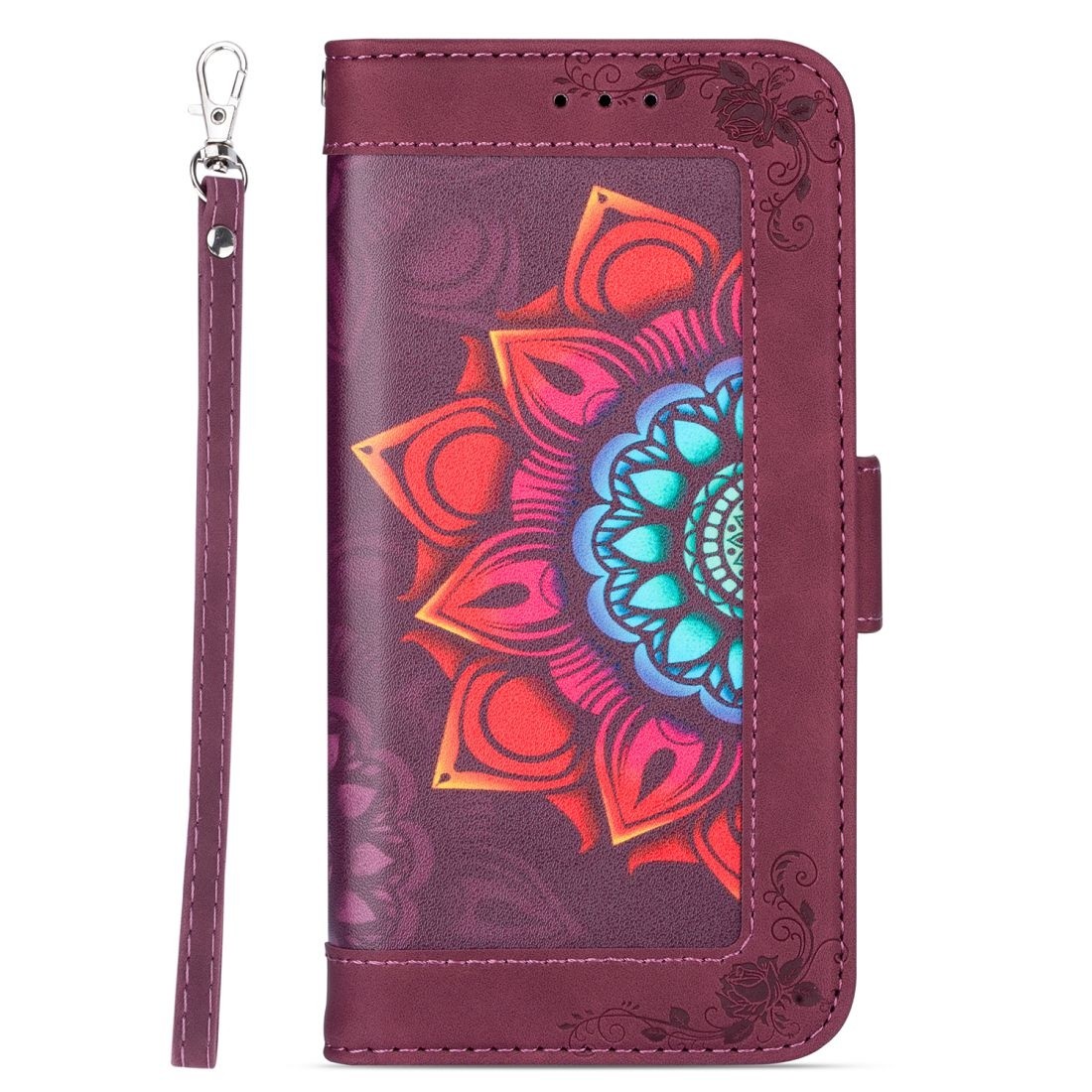 For Samsung Galaxy J3 (2017) / J330 Printing Dual-color Half Mandala Pattern Dual-side Magnetic Buckle Horizontal Flip Leather Case with Holder & Card Slots & Wallet & Photo Frame & Lanyard (Red Wine)