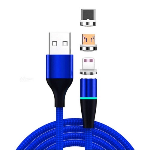 3 in 1 3A USB to 8 Pin + Micro USB + USB-C / Type-C Fast Charging + 480Mbps Data Transmission Mobile Phone Magnetic Suction Fast Charging Data Cable, Cable Length: 2m (Blue)
