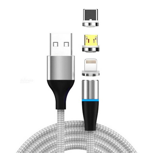 3 in 1 3A USB to 8 Pin + Micro USB + USB-C / Type-C Fast Charging + 480Mbps Data Transmission Mobile Phone Magnetic Suction Fast Charging Data Cable, Cable Length: 2m (Silver)