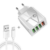 2 in 1 USB to USB-C / Type-C Data Cable + 30W QC 3.0 4 USB Interfaces Mobile Phone Tablet PC Universal Quick Charger Travel Charger Set, EU Plug (White)