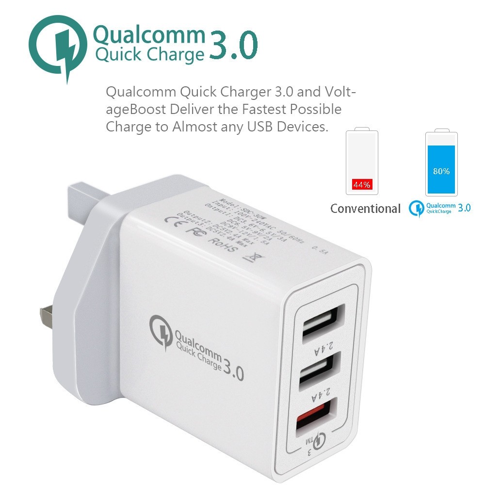 SDC-30W 30W QC 3.0 USB + 2.4A Dual USB 2.0 Ports Mobile Phone Tablet PC Universal Quick Charger Travel Charger, UK Plug