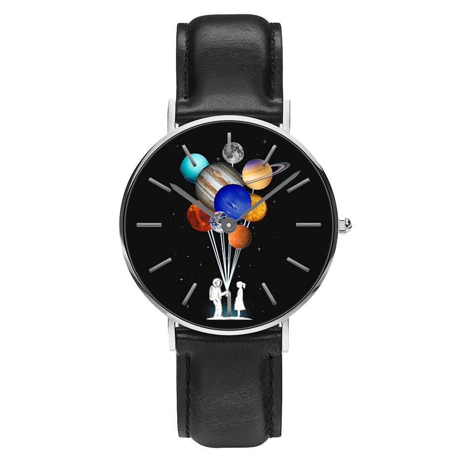 Casual Style Men Watch Cartoon Astronaut Colorful Planet Print PU Leather Strap Clock Quartz Watches