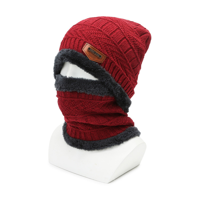 Winter Padded Hat Scarf Set Warm Knitted Cap Thick Fleece Lining Neck Warmer for Men Women