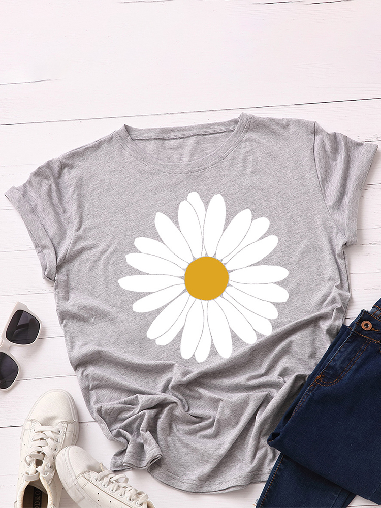 Women Daisy Floral Print O-Neck Casual Short Sleeve T-Shirts