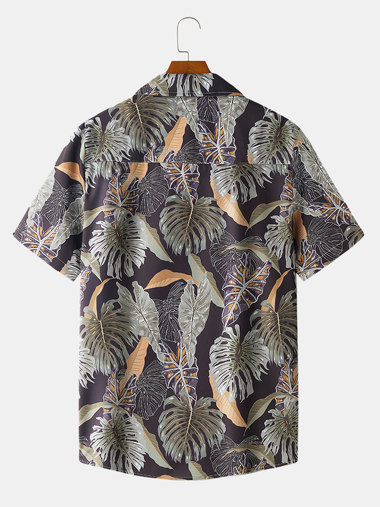 Mens All Over Leaf Print Revere Collar Short Sleeve Holiday Shirts