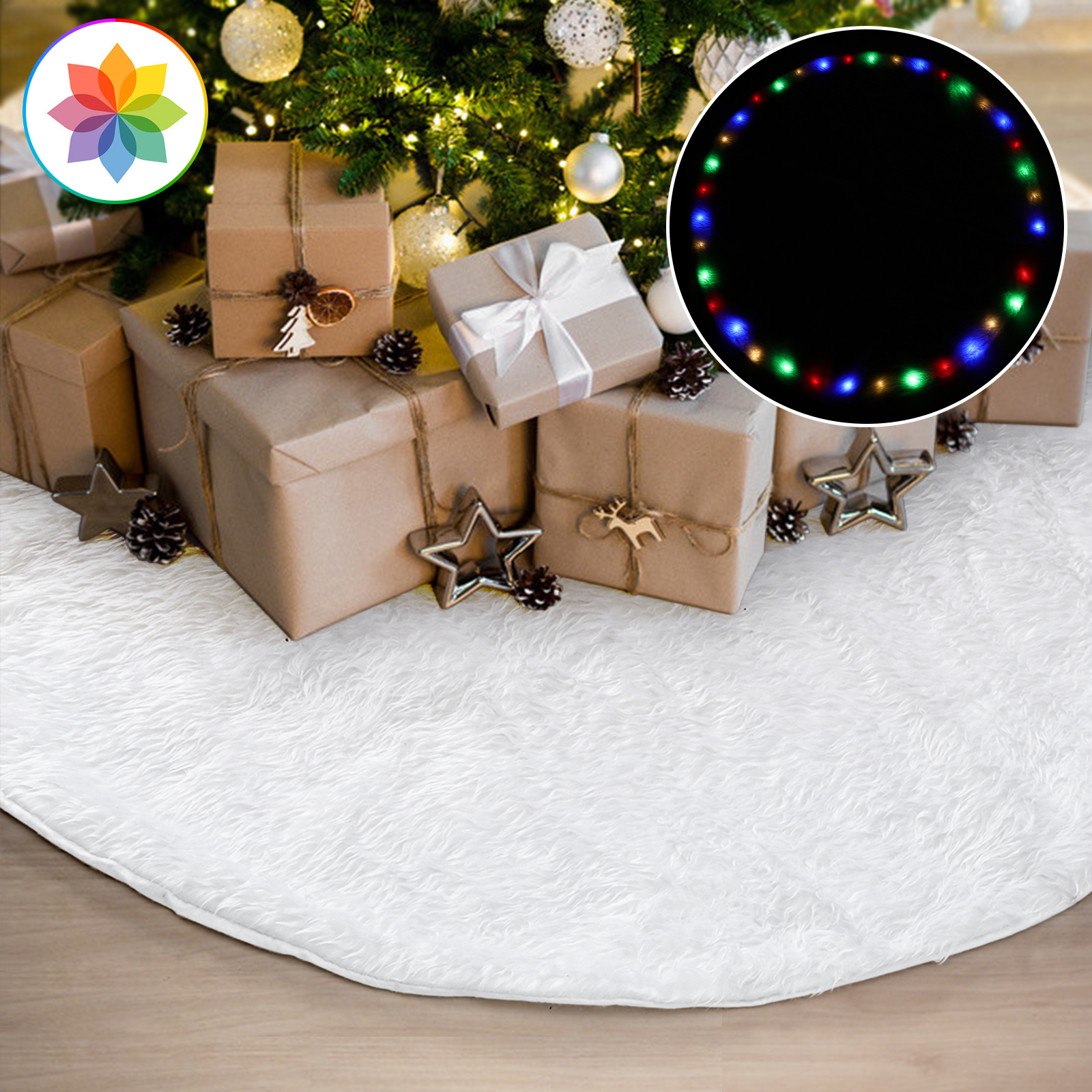 AMBOTHER 36 LED Christmas Tree Skirts 48-inch Battery Operated RGB Round Tree Skirt Christmas Decoration with Plush for Christmas Tree Indoor Outdoor Holiday Party