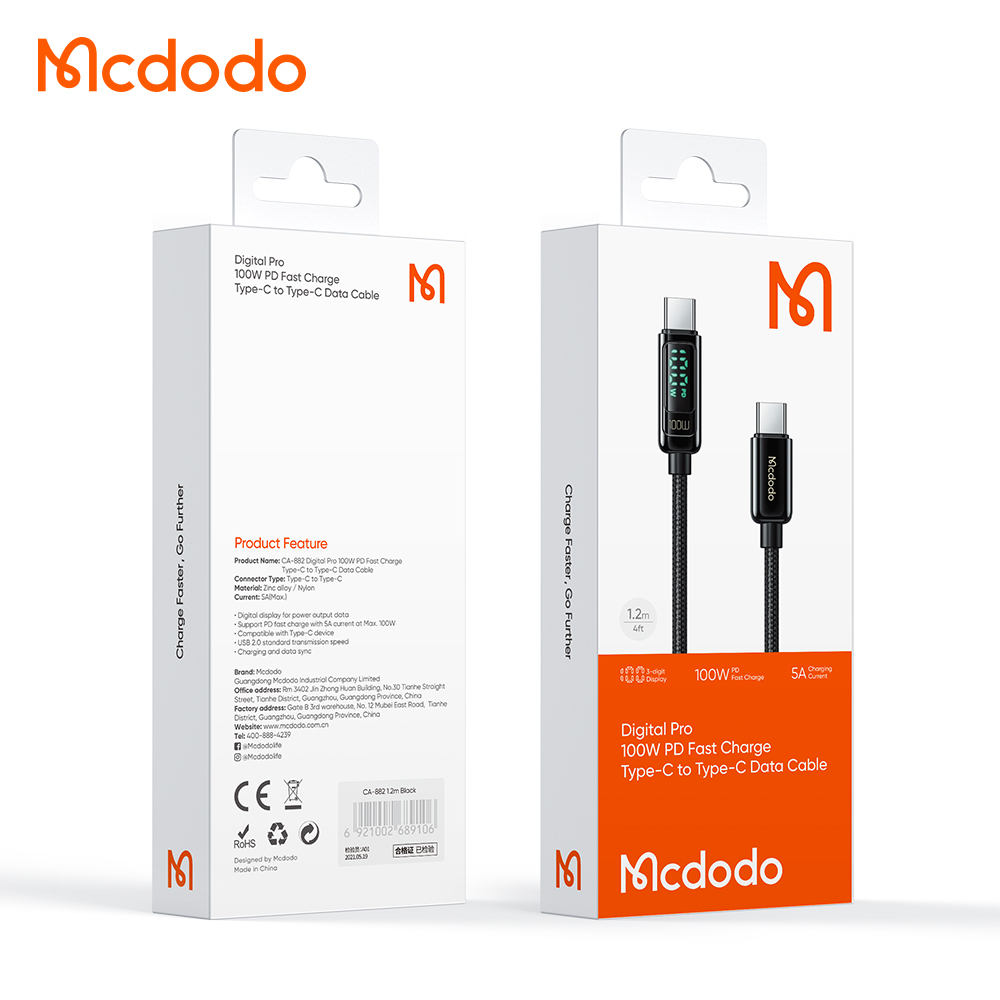 MCDODO CA-8820 100W USB-C to USB-C Cable Digital Display Cable PD3.0 Power Delivery QC4.0 Fast Charging Data Transmission Cord Line 1m long For Samsung Galaxy Note 20 For iPad Pro 2020 MacBook Air 2020 Mi 10 Huawei P40