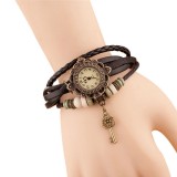 Vintage Multilayer Key Pendant Leather Strap Women Quartz Watch Bracelet Watch