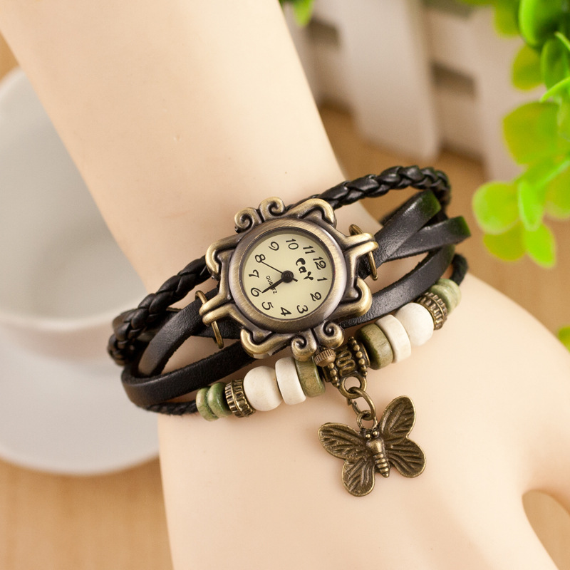 Deffrun Retro Style Multilayer Women Bracelet Watch Butterfly Pendant Quartz Watches