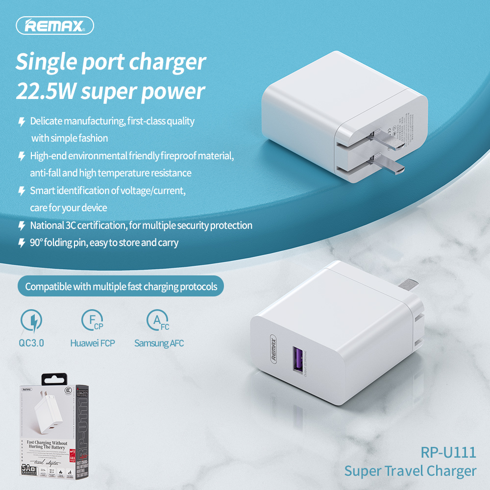 RP-U111 22.5W USB Charger Single Port Super Travel Charger Adapter US Plug Fast Charging for iPhone 12 Pro Max for Samsung Galaxy Note S20 ultra Huawei Mate40 OnePlus 8 Pro
