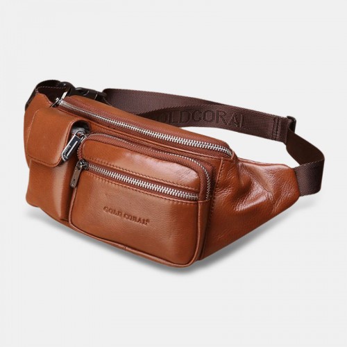 Men Genuine Leather Multifunction Front Flap-Over Zipper Pocket Chest Bag Retro Large Capacity Casual Crossbody Bags Shoulder Bag