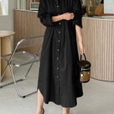 Women Shirt Collared Spliced Buttons Pleated Solid Casual Midi Dresses