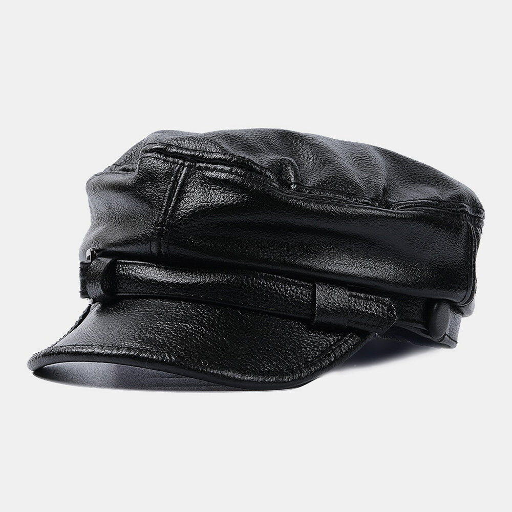 Men Genuine Leather Solid Breathable Flat Top Hat Retro Winter Warm Military Cap Cadet Army Caps