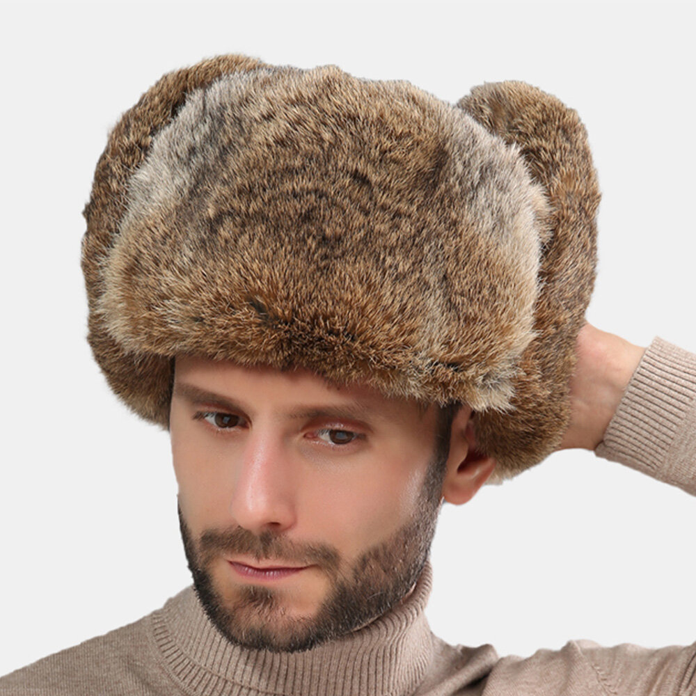 Men Trapper Hat Faux Fur Faux Rabbit Fur Thickened Ear Protection Winter Outdoor Windproof Warmth Ushanka Hat