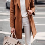 Women Pocket Solid Color Button Lapel Long Sleeve Casual Coats