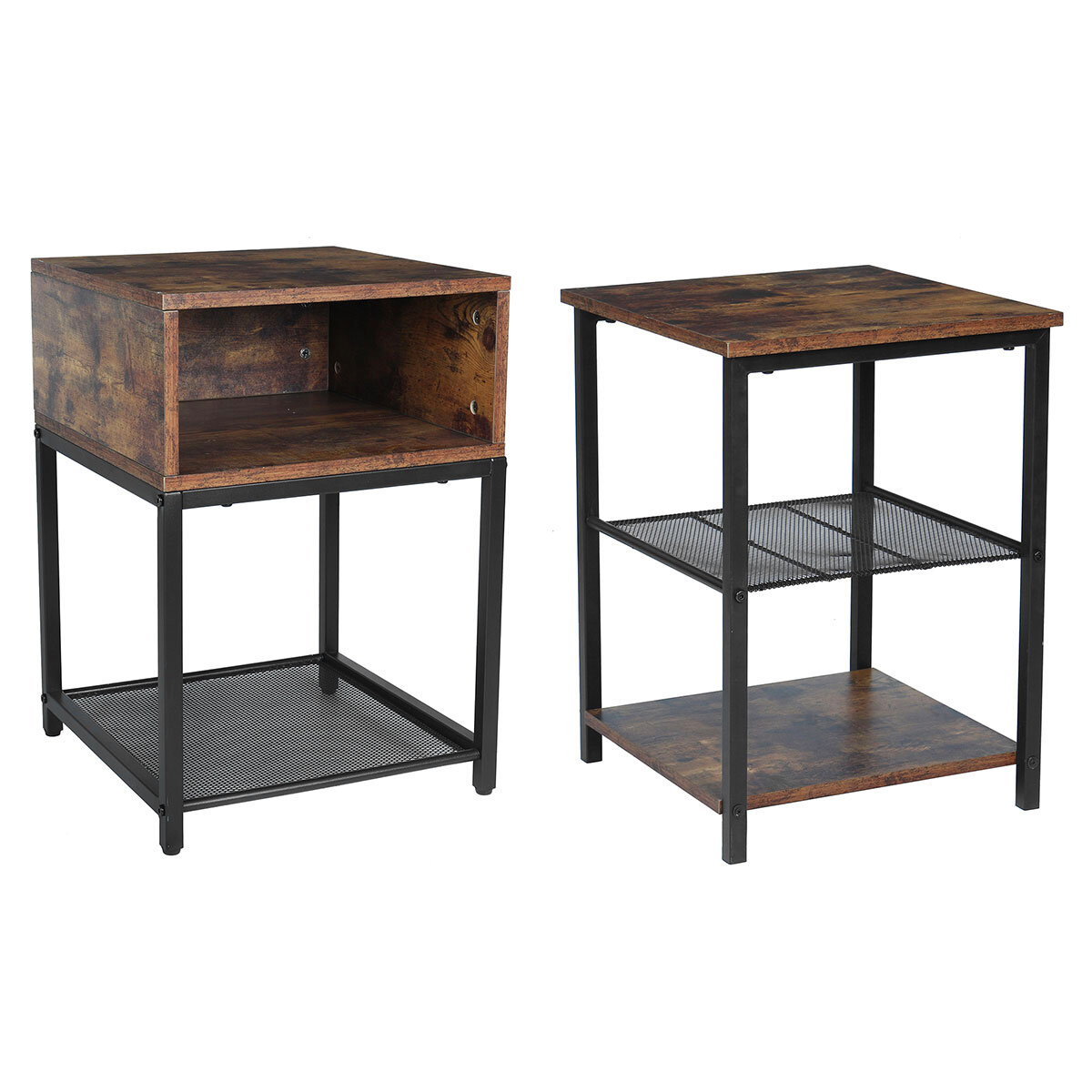 3-Tier Industrial End Side Table Nightstand W/2 Adjustable Shelves Rustic Brown 