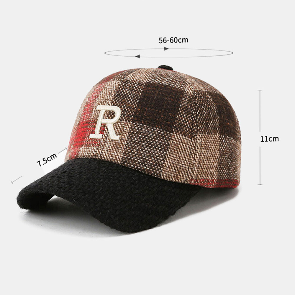 Men Baseball Cap R Letter Embroidery Color-match British Lattice Stitching Sunshade Warmth Ivy Cap