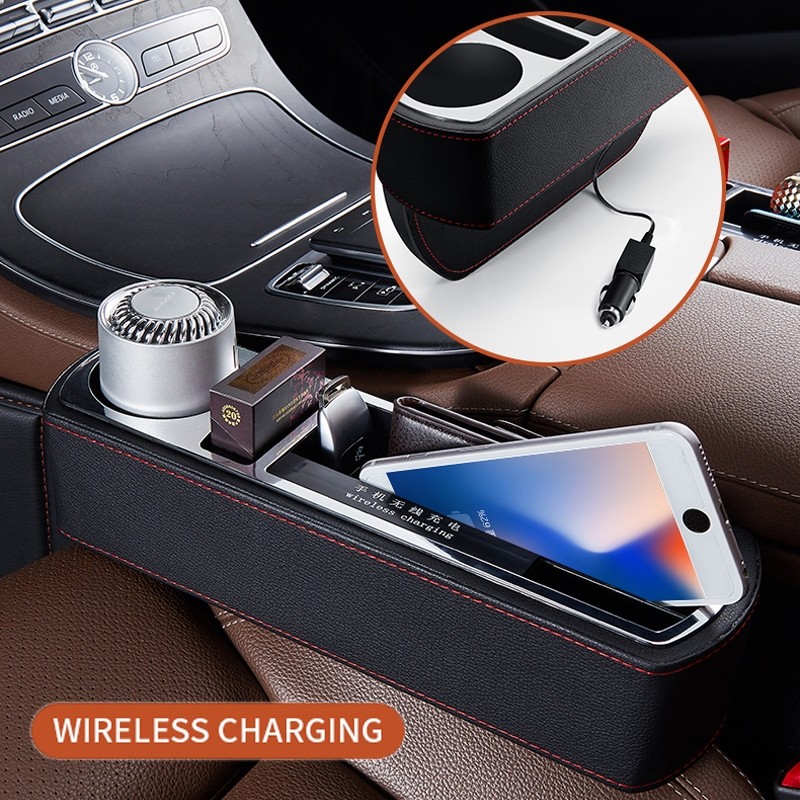 Car Multi-functional Wireless Fast Charge Console PU Leather Box Cup Holder Seat Gap Side Storage Box (Brown)