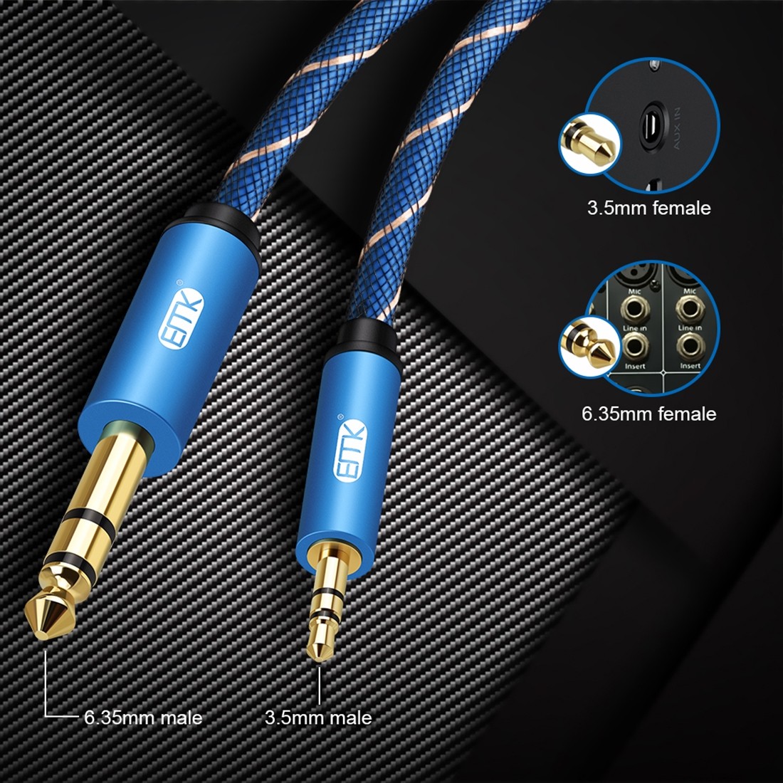 EMK 3.5mm Jack Male to 6.35mm Jack Male Gold Plated Connector Nylon Braid AUX Cable for Computer / X-BOX / PS3 / CD / DVD, Cable Length: 2m (Dark Blue)