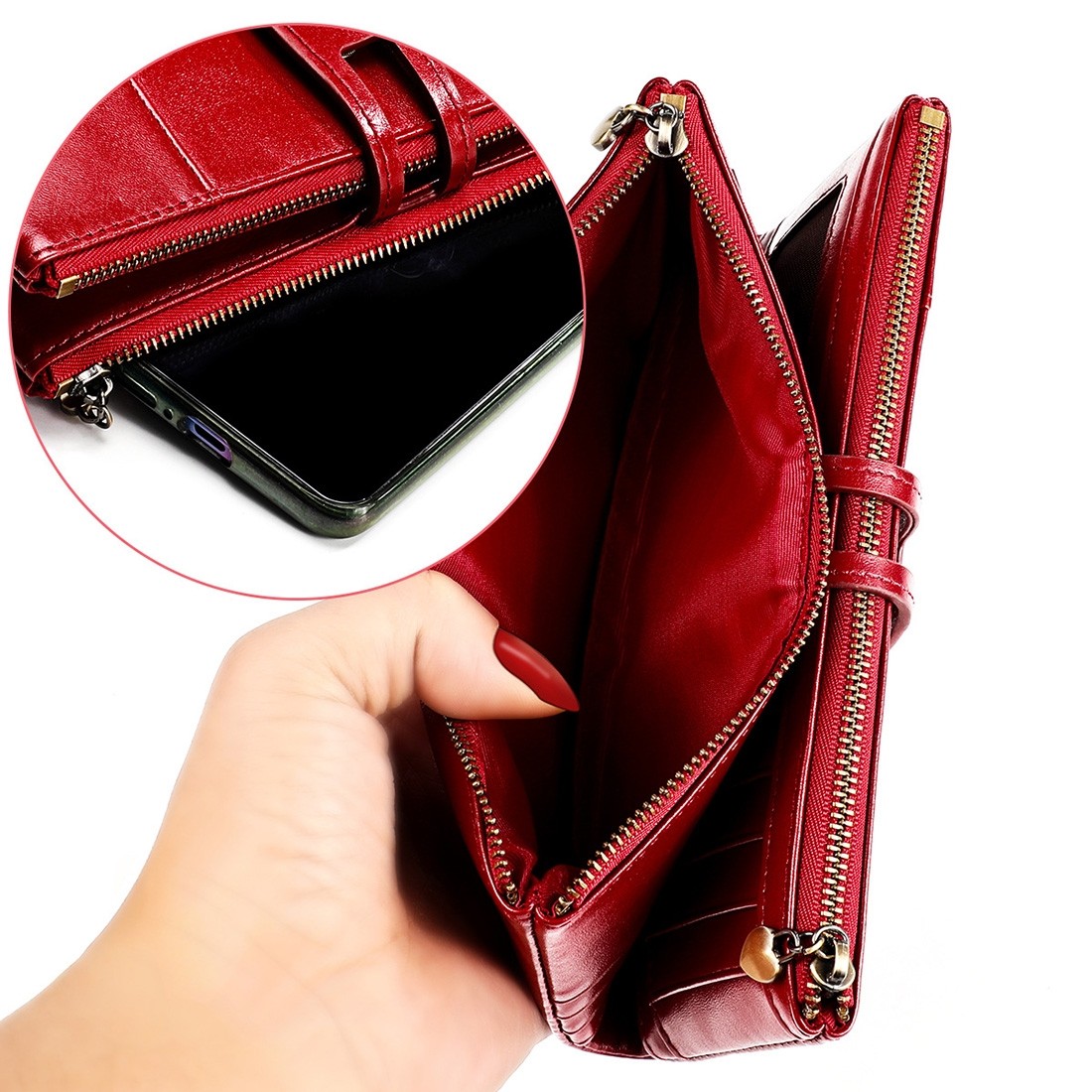 3513 Antimagnetic RFID Multi-function Retro Leather Lady Wallet Large-capacity Purse with Card Holder (Red)