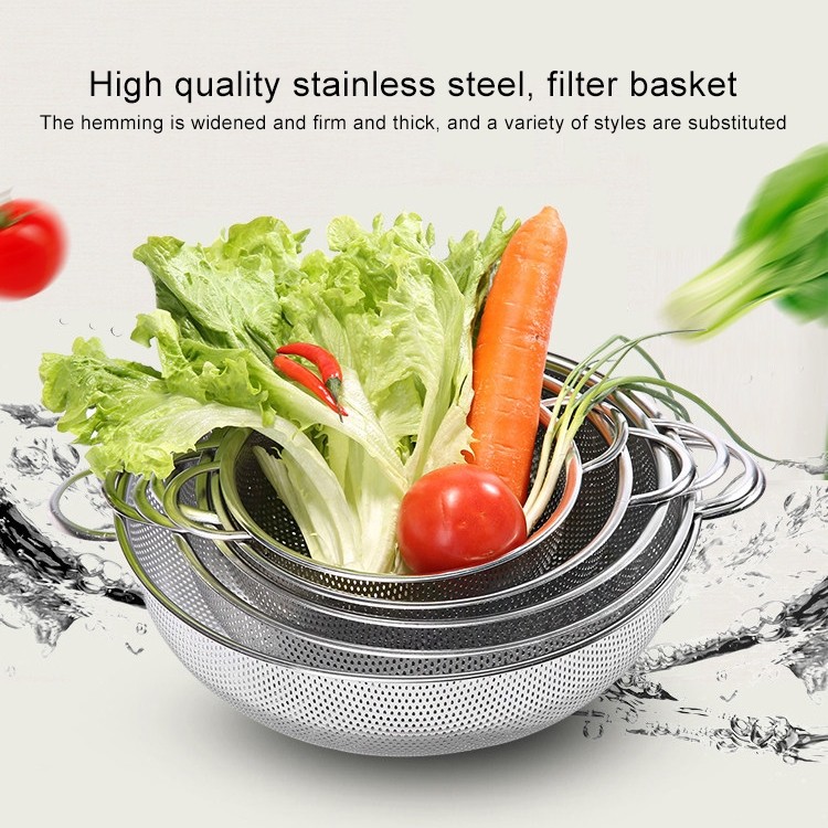 3 PCS Stainless Steel Round Wash Basket Binaural Wash Rice Basket Drain Basin, Inner Diameter: 25cm