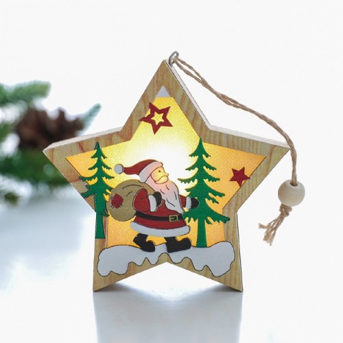 2 PCS Christmas Decoration Wooden Luminous Pendant Christmas Tree Decoration Accessories, Style: Five-pointed Star (Santa)