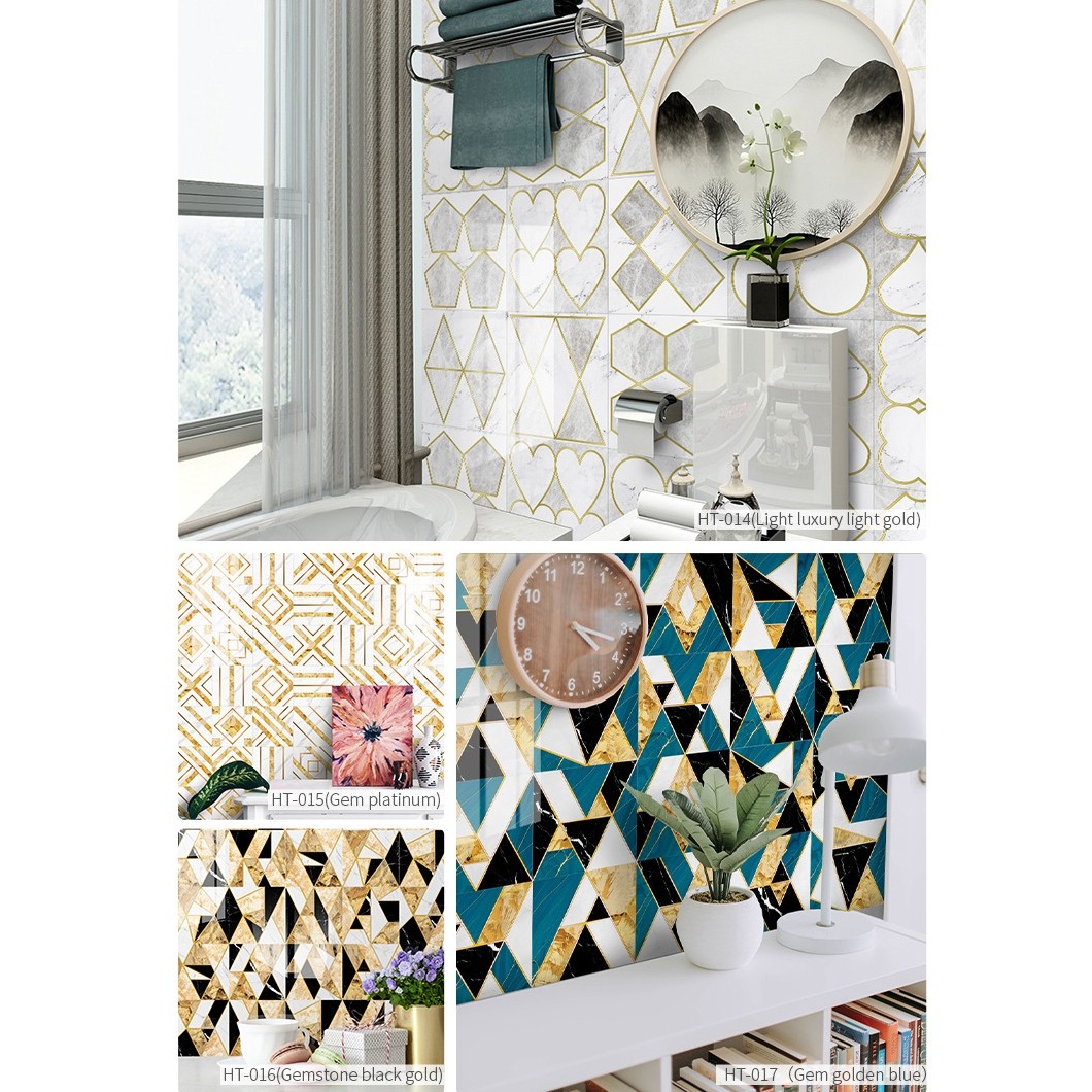 2 Sets Geometric Pattern Staircase Wall Tile Sticker Kitchen Stove Water And Oil Proof Stickers, M: 15x15cm (HT-012 Golden)
