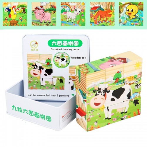 Iron Box 9 Cube Six-Sided Pattern Building Blocks Puzzle Children Early Education Wooden Toy (Farm Animals)