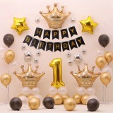 Black Gold Birthday Party Balloon Pull Flag Set (One Year Old Crown Package 1)