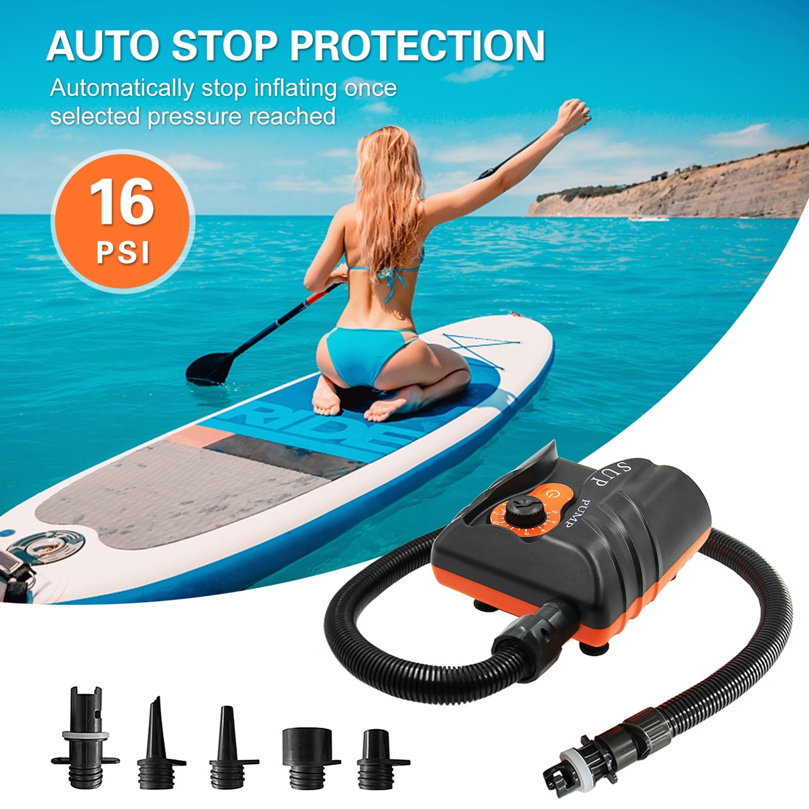 HT-785 SUP Paddle Board 16PSI High Pressure Car Inflatable Pump 12V Electric Air Pump With 6 Connectors
