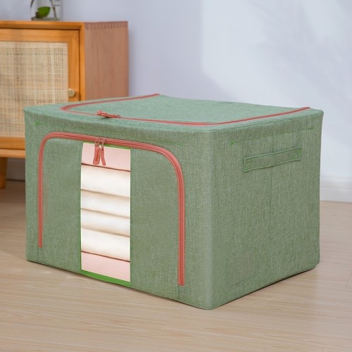 66L 50x40x33cm Fabric Steel Frame Quilt Clothing Storage Box Cotton Linen Storage Bag with Window (Light Green)
