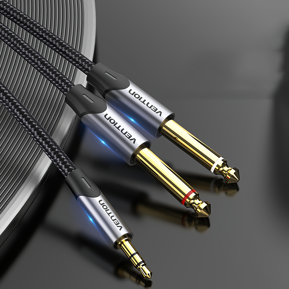Vention BAR 3.5mm to Dual 6.5mm Audio Cable 26AWG TRS 3.5mm Male to TS 6.5mm Male AUX Cable Gold-Plated Connector