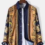 Men Baroque Style Print Button Up Lapel Long Sleeve Leisure Shirts