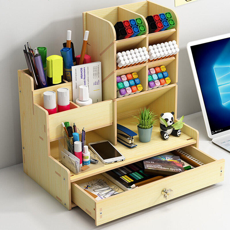 Wooden Pencil Holder Pen Organizer for Desk Easy Assembly Art Supply Organizer Multi-functional Desktop Stationary Organizer Caddy with Drawers