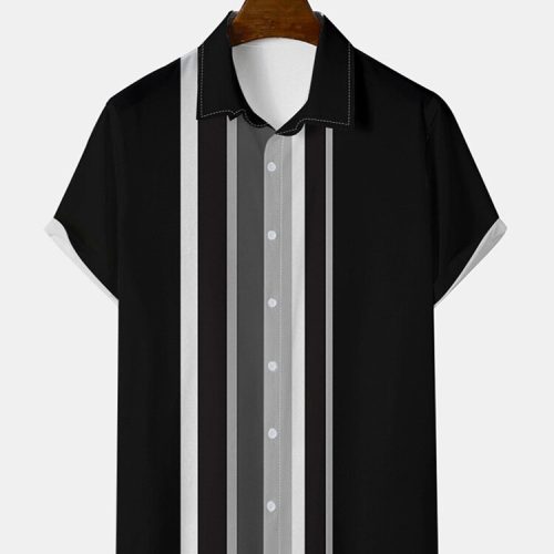 Men Irregular Striped Print Short Sleeve Hem Cuff Lapel Collar Cozy Casual Shirts