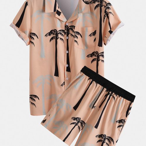 Mens Tropical Coconut Tree Print Revere Collar Holiday Two Pieces Outfits