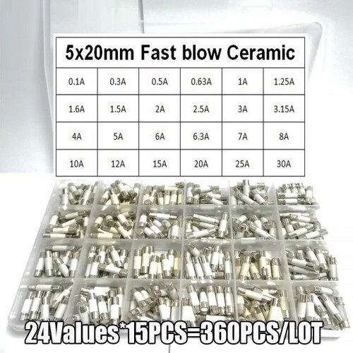 360Pcs 24Values 5*20mm Fast Blow Ceramic Fuse 250V 0.1A 0.25A 0.5A 1A 1.5A 2A 2.5A 3A 3.15A 4A 5A 6A 6.3A 8A 10A 15A 16A