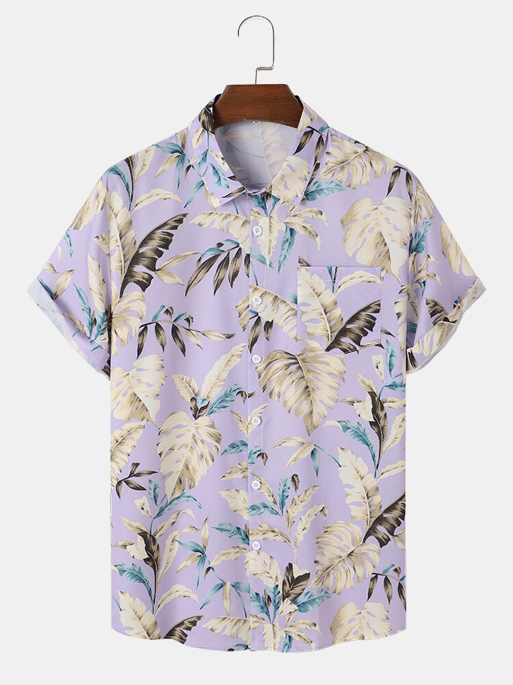 Mens Tropical Leaf Print Holiday Short Sleeve Shirts With Pocket