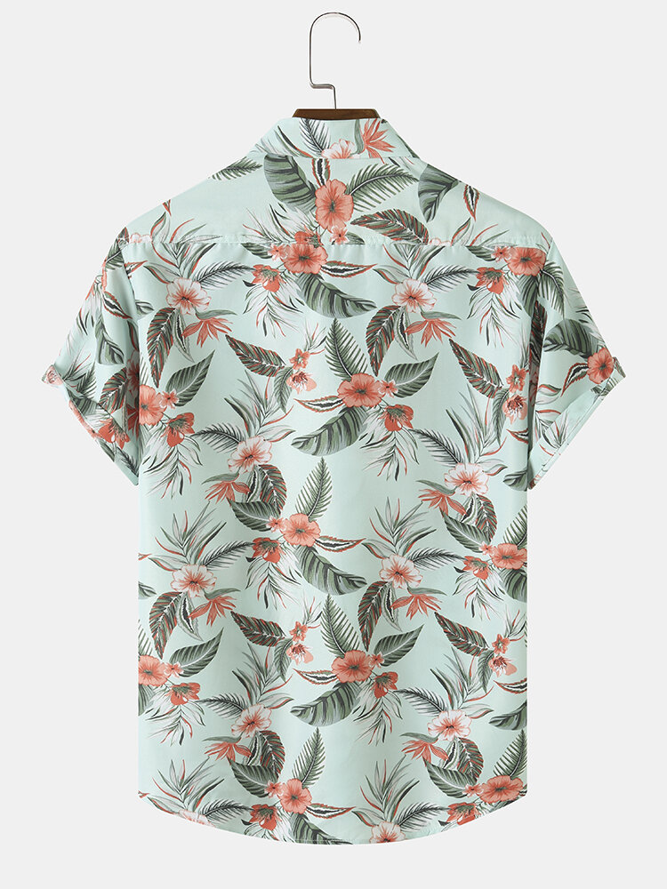 Men Floral Print Lapel Collar Front Buttons Curved Hem Regular Shirts