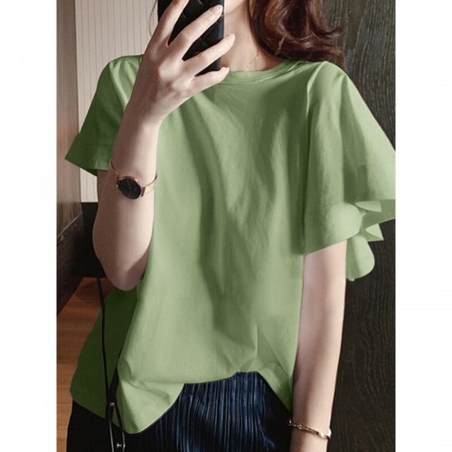 Solid Color Short Sleeve O-neck Ruffles T-shirt