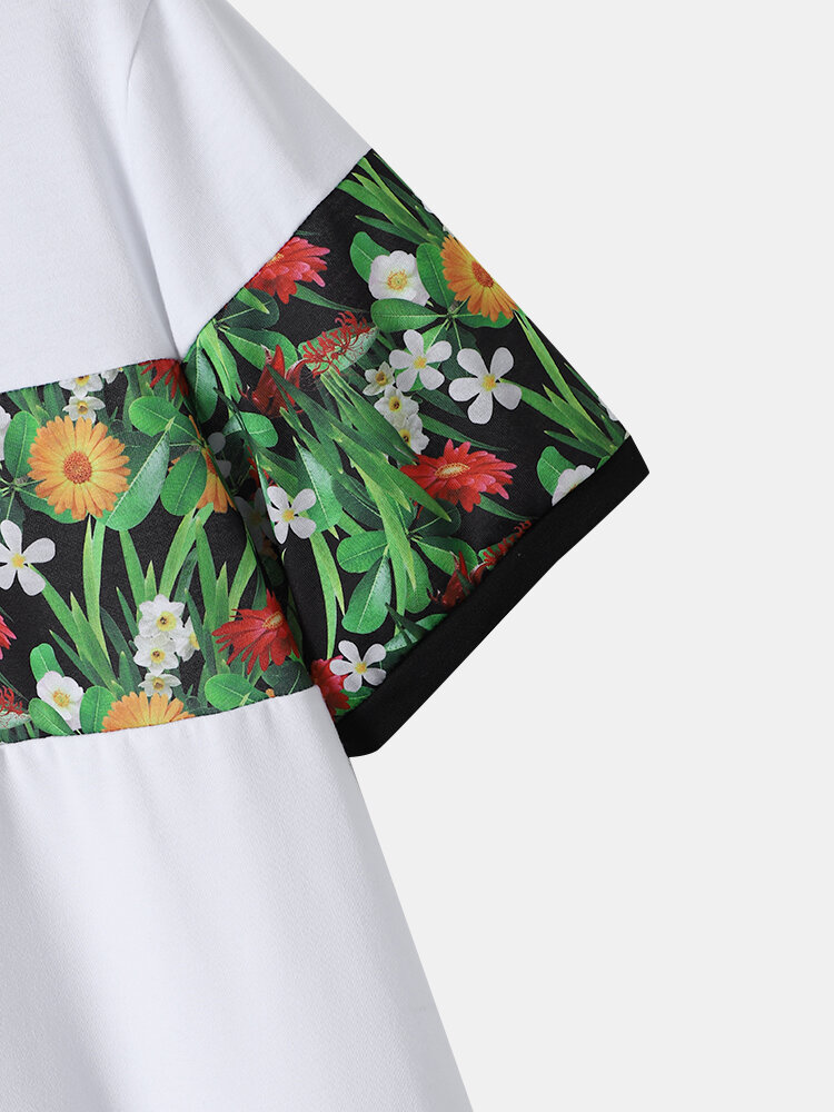 Men Floral Patchwork Fit Front Zipper Soft Formal Business Polos Shirts