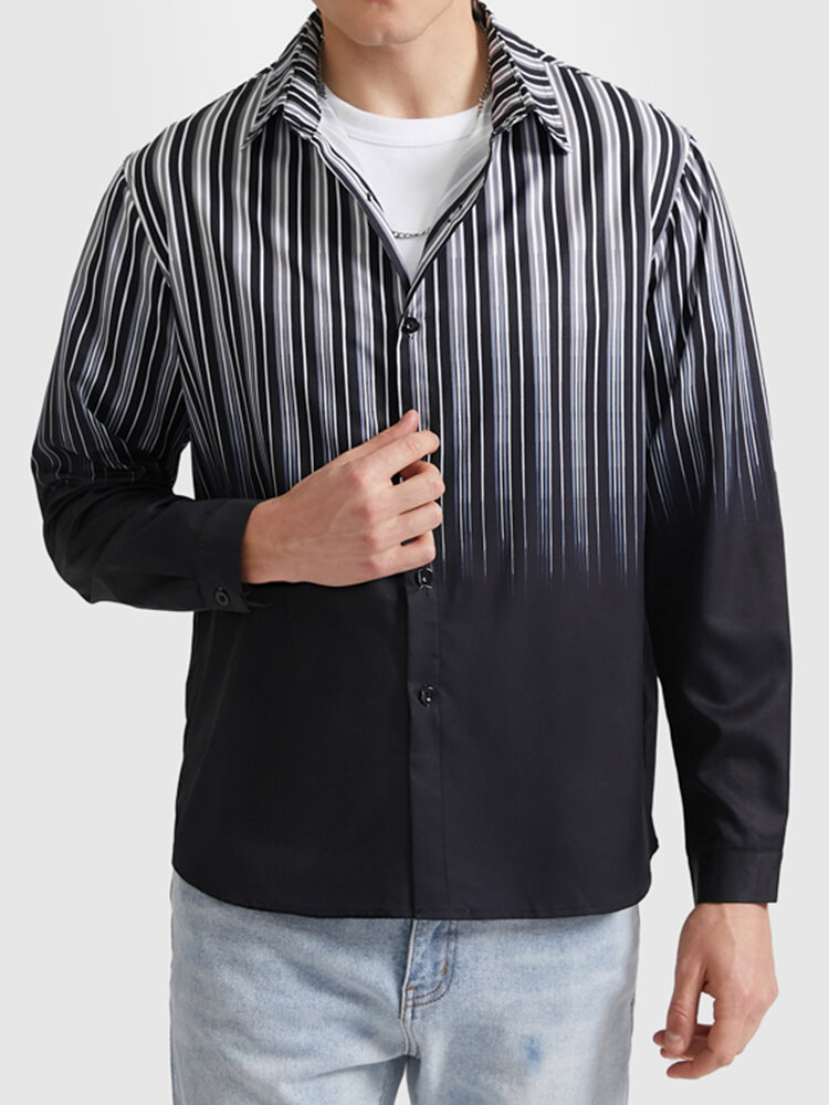 Men Ombre Pinstriped Patchwork Lapel Collar Long Sleeve Casual Shirts
