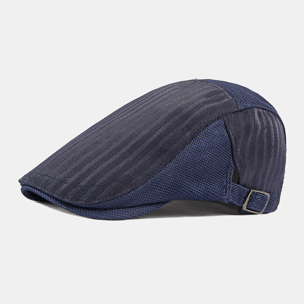 Men Newsboy Cap Vertical Stripes Polyester Mesh Patchwork Adjustable Outdoor Breathable Sunshade Forward Hat Beret Flat Cap