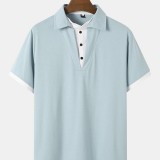 Men Patchwork Double Collar Business Button Short Sleeve Work Polos Shirts