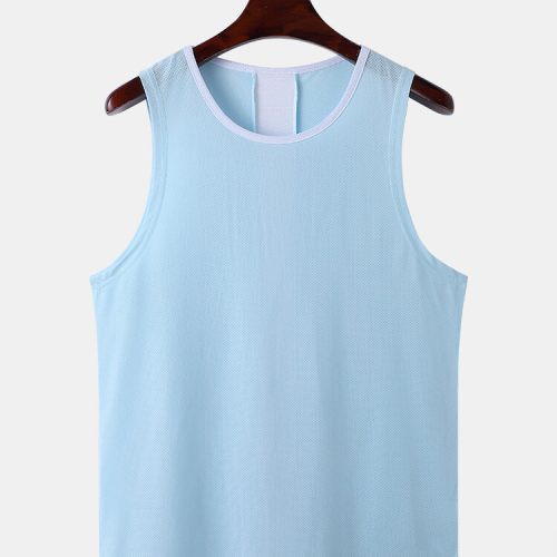 Men Contrast Striped Mesh Sleeveless Breathable Quick Dry Moisture Wicking Tank Top