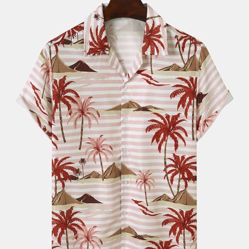 Men Striped & Landscape Print Beachwear Soft Comfy Breathable All Matched Shirts